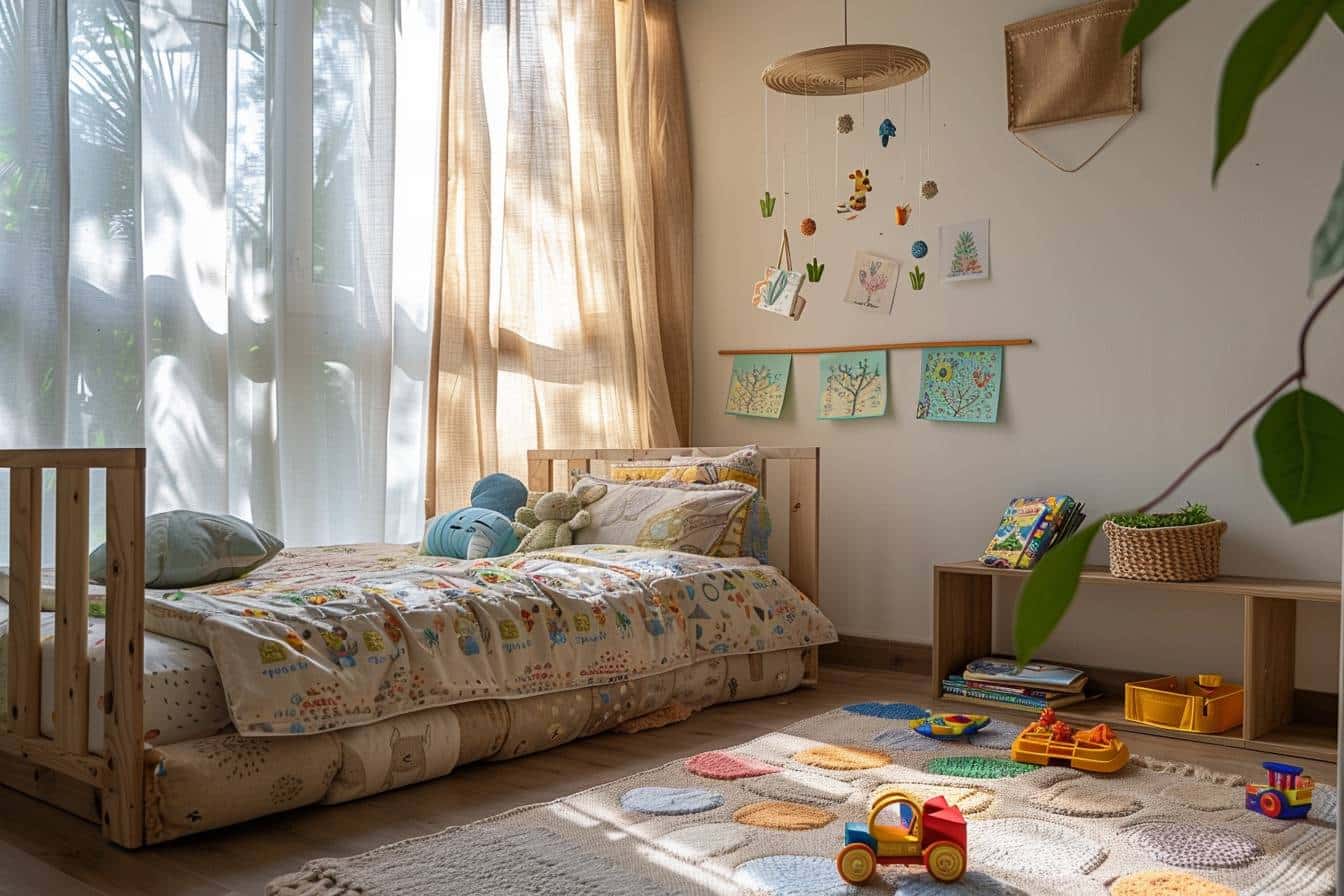 Chambre d'enfant élégamment décorée avec des matériaux recyclés mettant en avant le charme éco-innovant.